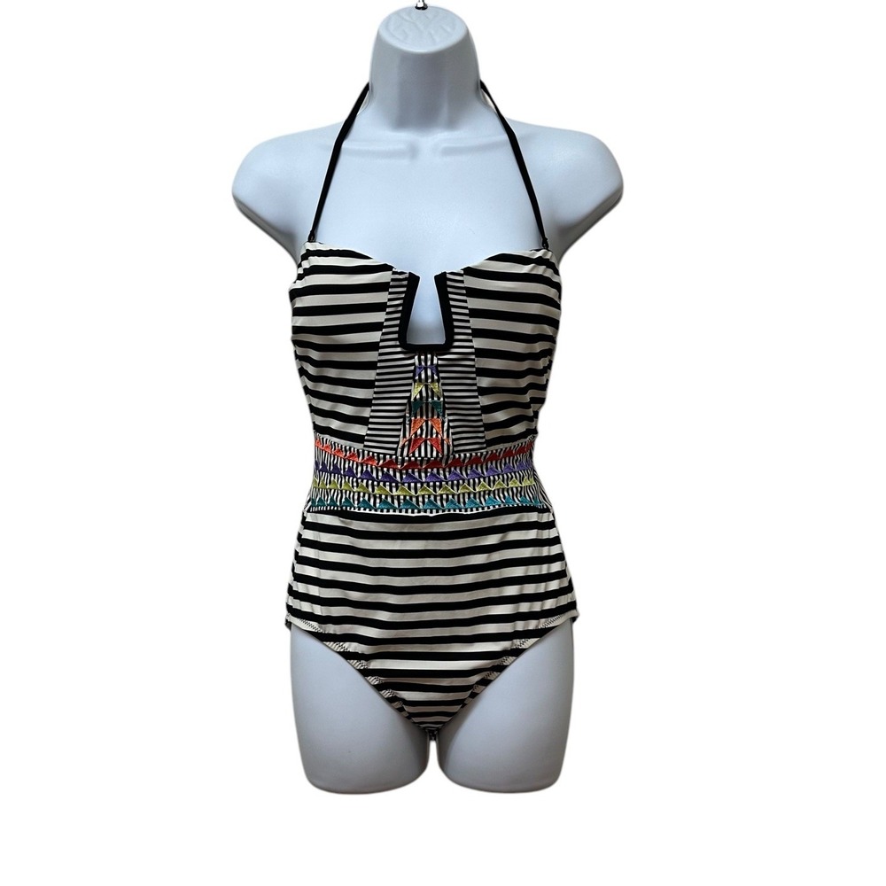 Nanette Lepore One Piece Swimsuit Striped Halter Style Boho Embroidered Size M
